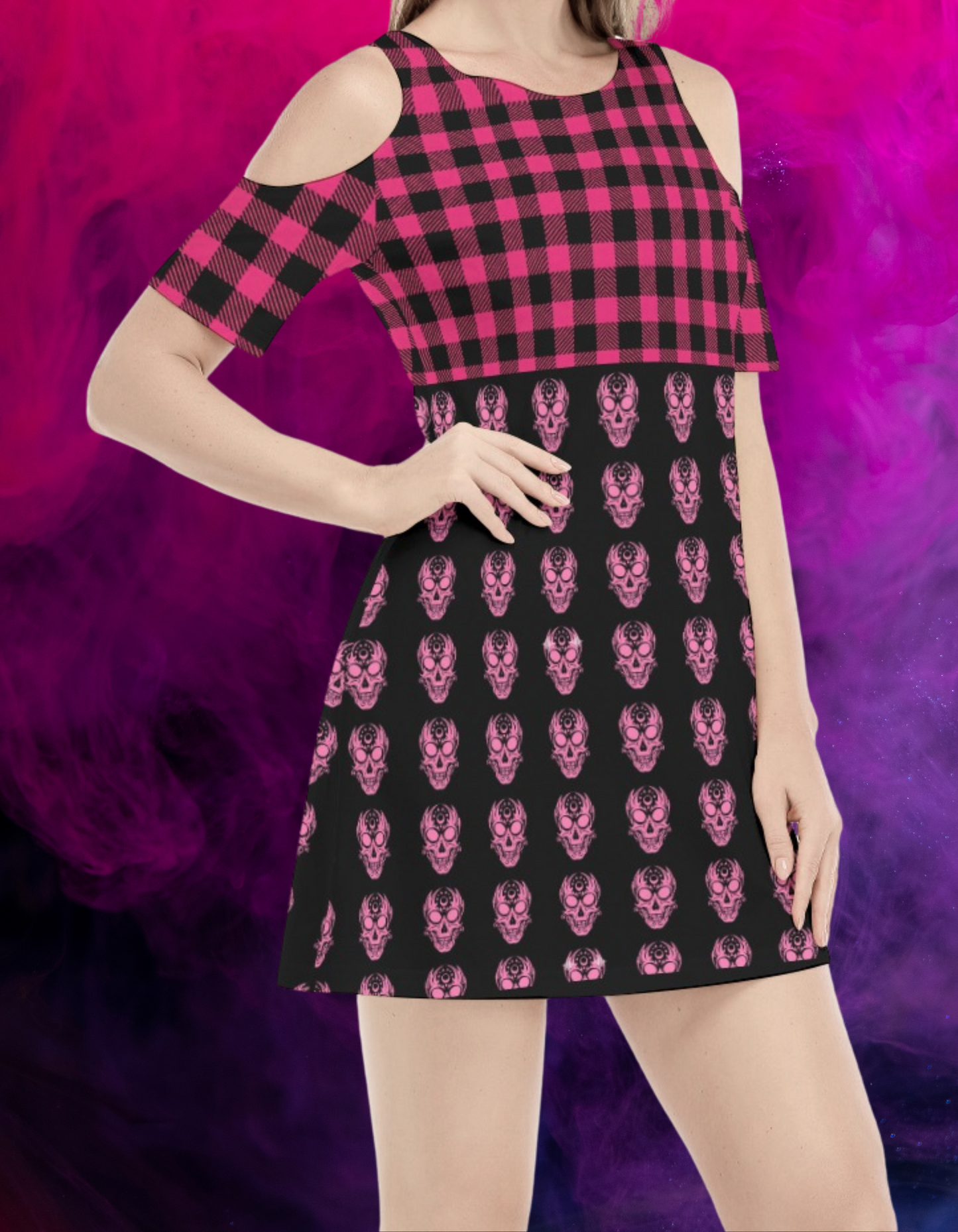 Bawełniana sukienka pastel goth tartan&skulls